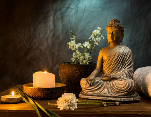 Still life of Buddhist culture, with statues, and utensils widely used for relaxation and meditation