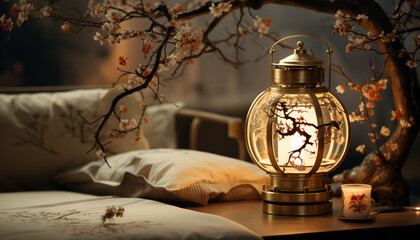 Wall Mural - Cozy bedroom illuminated by old fashioned lantern, rustic wood decor generated by AI