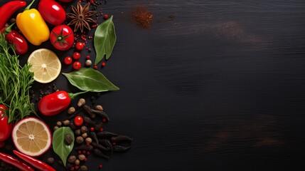 Wall Mural - Cooking banner. Background with spices and vegetables. Top view. Free space for your text