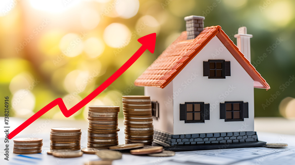 Une maison avec des pièces de monnaie et une flèche rouge montante