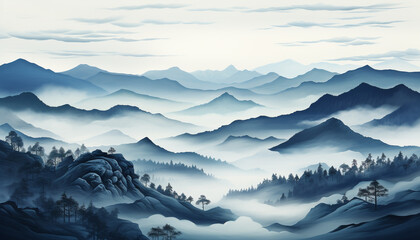 Naklejka na meble Mountain landscape fog, forest, tree, mountain range, outdoors, mountain peak, blue, non urban scene, cloud, sky generated by AI