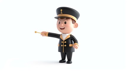 Wall Mural - A delightful 3D render of a cute conductor against a clean white background, ready to lead an imaginary symphony. The conductor's cheerful expression and vibrant outfit bring a sense of joy