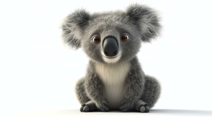 Wall Mural - A delightful 3D render of a cute koala with a friendly expression, showcasing its fluffy fur and adorable round eyes, set against a clean white background. Perfect for adding a touch of char