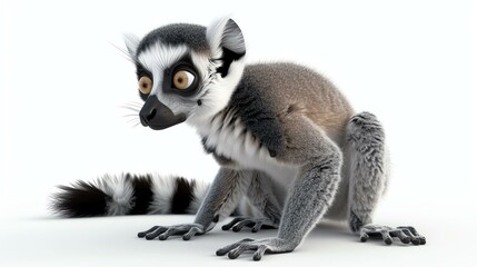 Wall Mural - A delightful 3D rendering of a lovable lemur captured in a dynamic pose against a pristine white background. Perfect for adding a touch of charm to any project.