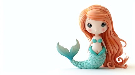 Wall Mural - A mesmerizing 3D illustration of an adorable and enchanting mermaid with vibrant colors and a playful expression, set against a pristine white background. Perfect for adding a touch of magic