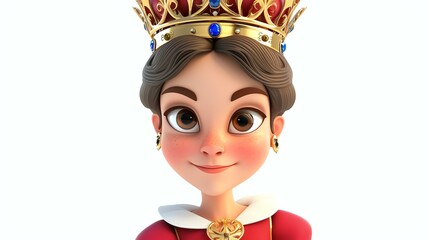 Wall Mural - A charming 3D depiction of a cute and regal queen with a delightful smile, set against a pristine white background. Perfect for adding a touch of whimsy and elegance to any creative project.