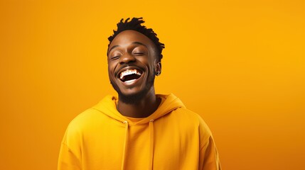 Wall Mural - Portrayal of a dynamic black man beaming with happiness on a coloured background