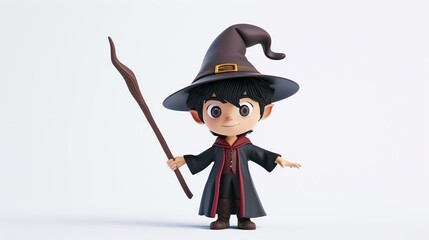 Wall Mural - A delightful 3D illustration of a cute sorcerer on a clean white background. This enchanting character captivates with its whimsical charm, adorned in magical attire, and holding a sparkling