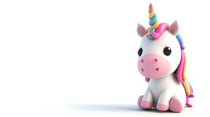 Wall Mural - A charming and vibrant 3D illustration of a cute unicorn, rendered in vivid colors, standing proudly on a pristine white background. Perfect for adding a touch of magic and whimsy to any pro