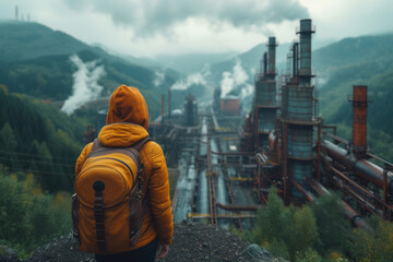 Poster - The juxtaposition of towering steel structures against a backdrop of untouched wilderness, symbolizing the coexistence of industry and nature. Concept of urban-nature harmony. Generative Ai.