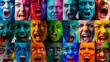 A vibrant array of facial expressions displayed in a grid of squares, featuring a multitude of colorful emotions and moods. From joyful laughter to pensive contemplation, this image captures