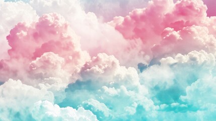 Wall Mural - dreamy cloudscape with fluffy clouds reflecting pastel pink and blue hues, suitable for backgrounds,
