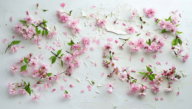 background of pink flowers spread on white background