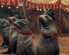 Imagine A Vintage Carnival Setting Within An Amusement Park Where Seals Perform In An Old Timey Ring Dressed In Period Costumes That
