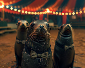 Imagine a vintage carnival setting within an amusement park where seals perform in an old timey ring dressed in period costumes that