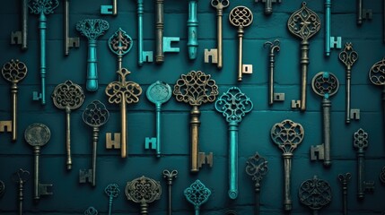 Poster - Background with antique old keys in Teal color