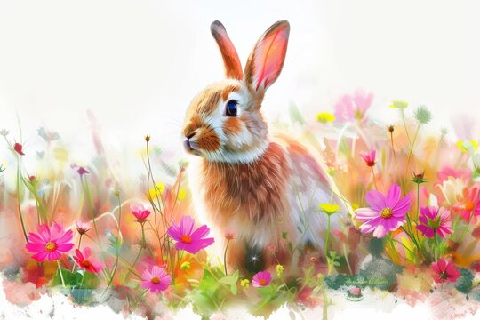 Watercolor Easter bunny in the grass