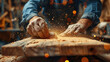 carpenter in a carpentry workshop sawing a wooden board, hobby, man, master, craft, furniture production, industry, handmade, tools, equipment, person, people