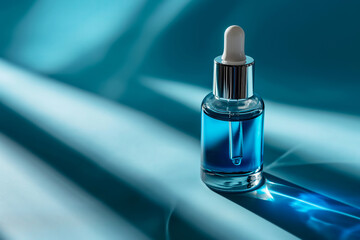 Dropper bottle of serum mockup on an abstract blue background with light and shadows