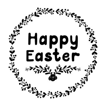 Black doodle style typographic Easter illustration. Floral wreath with text HappyEaster. Isolated vector illustration on white background