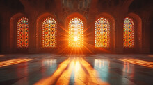 Sunlight Pierces Colorful Stained Glass Windows In A Grand, Ornate Hall.