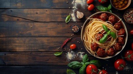 Spaghetti pasta with meatballs in homemade tomato sauce on wooden table