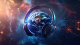 Fototapeta Mapy - Planet earth with headphones in a cosmic setting illustrating global music connection. stunning space artwork vision for concepts. AI