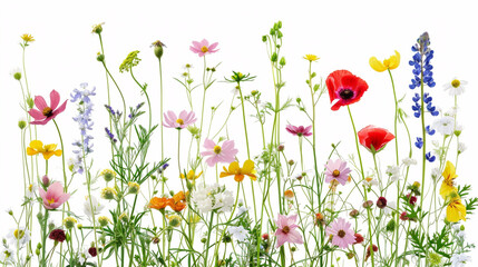 Wall Mural - All kind of wild flowers on white background. Diverse colorful field flora.