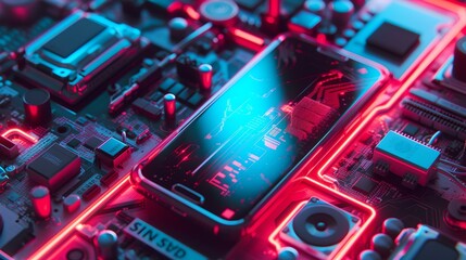 Poster - Futuristic smartphone on a circuit board illuminated by neon lights. tech-inspired vision, modern electronic device maintenance. AI