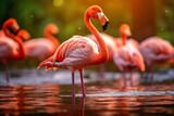 Fototapeta Panele - A group of flamingos in the water