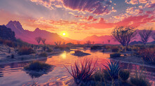 A Sun Setting Behind A Cactus Desert,,
Beautiful Sunset In The Desert Digital Drawing