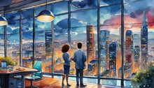 Watercolor illustration of happy office life: Male and female colleagues dressed smartly and smiling looking out of a high rise window across cityscape. Established professionals workplace romance