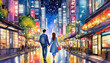 A romantic couple on holiday walk away while holding hands centrally in a popular tourist city at night with bright lights, vibrant colours, stars and destinations in background. Leading lines. Japan