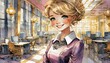 © andrew - Watercolor illustration of happy office life: A teenager in pink dress is in an elegant luxury expensive office. Role could be intern, apprenticeship, graduate or junior position. Blonde hair, smiling