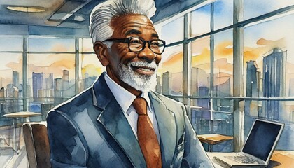 An elderly black man wearing glasses smiles at the camera in an office environment. Dressed professionally in a suit shirt, tie and blazer. Corporate business executive watercolor illustration