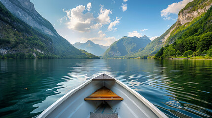 Canvas Print - view from the bow of a small modern boat to a smooth calm lake and beautiful mountains around