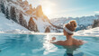 A woman is enjoying a hot bath in a pool with a mountainous winter landscape in the background, steam rising around her. Ai generative