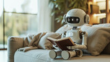 Fototapeta  - Autonomous robot leisurely reading by the window, fusion of technology and relaxation. Generative AI