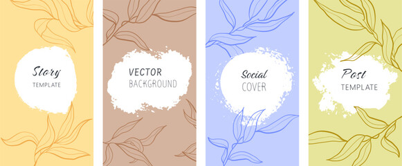  Charcoal swirls crayon illustrations in pastel colors with elegant tropical leaves and charcoal smears.Vertical abstract backgrounds set. Vector social covers templates with copy space for text. 