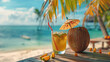 Tropical Cocktail Paradise: A Refreshing Drink Served in a Coconut Bowl on a Sunny Beach with Palm Trees Surrounding