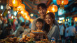 Asian family enjoy eating food on street food restaurant with crowd of people at Yaowarat road, Bangkok,generative ai