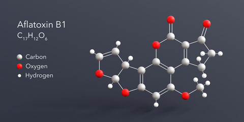 Wall Mural - aflatoxin b1 molecule 3d rendering, flat molecular structure with chemical formula and atoms color coding