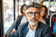© MVProductions - Mature businessman in a suit commuting on a city bus, reflecting on the day ahead. Surrounded by diverse passengers, he appears focused and thoughtful
