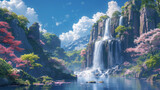 Fototapeta Natura - Beautiful waterfalls cascade down rocky cliffs and clouds float into the air,generative ai