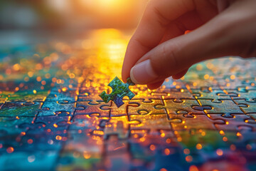 Sticker - A hand placing a puzzle piece into a business puzzle emphasizes the importance of aligning different elements and strategies for achieving a cohesive and successful business model.  Generative Ai.