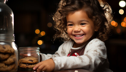 Canvas Print - Smiling child holding cookie, looking at camera generated by AI