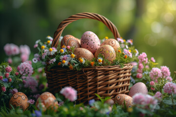 Canvas Print - An intricately decorated Easter basket filled with pastel-colored eggs, chocolates, and spring flowers. Concept of Easter gifts and abundance. Generative Ai.