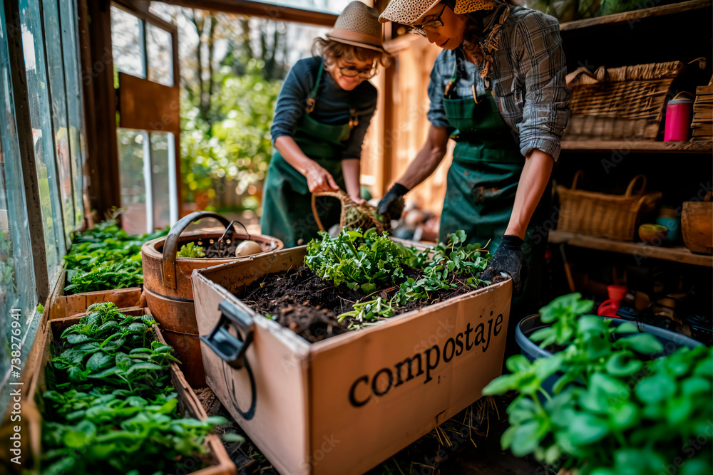 detail of a composting bin full of compost being worked by two people ...