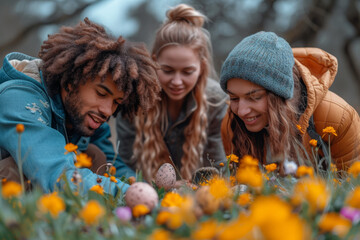 Poster - A group of friends engaged in a lively Easter-themed scavenger hunt, solving clues to find hidden treasures. Concept of interactive Easter activities. Generative Ai.