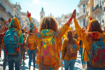 Poster - a holi-themed flash mob in a bustling city square, bringing spontaneous bursts of color and dance to